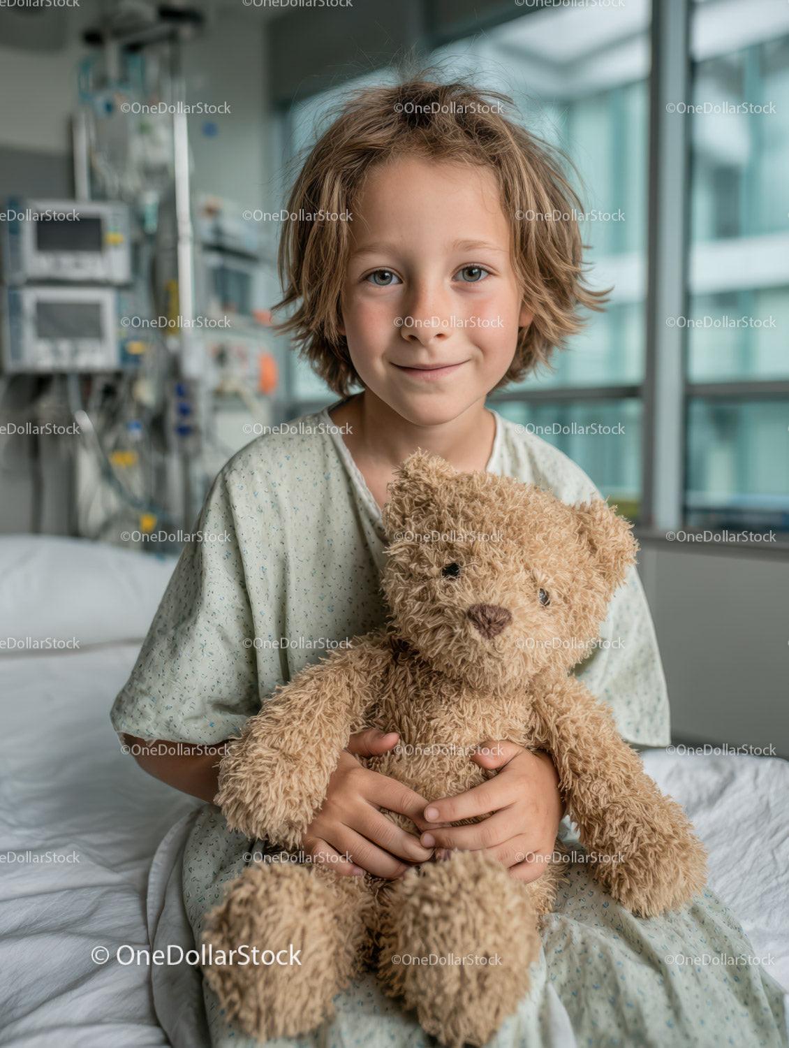 Happy Child Holding Teddy Bear in Hospital Room with Medical Equipment