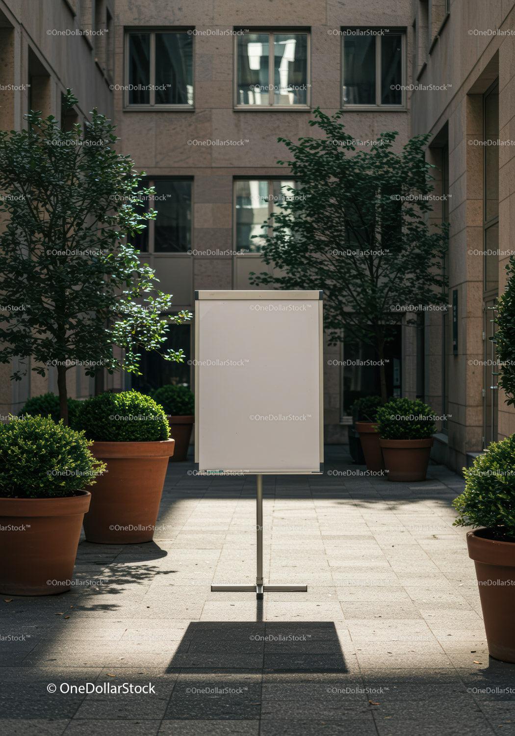 Blank presentation board in quiet urban courtyard JPG Mockup Image preview