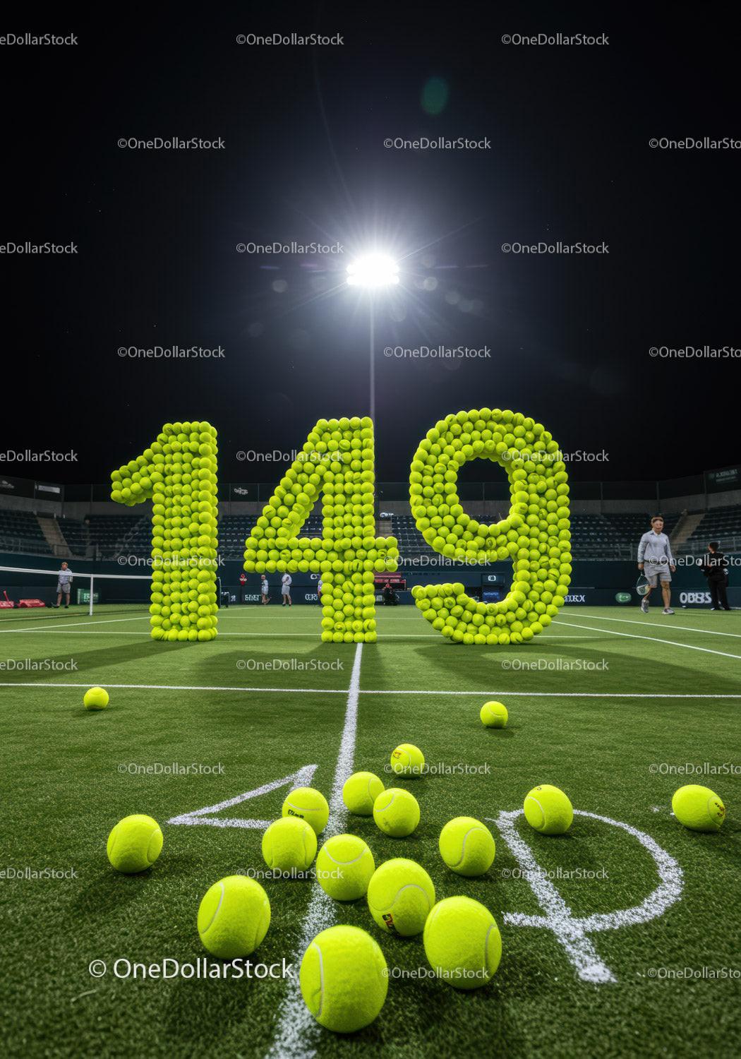 Number 149 made of tennis balls on illuminated court