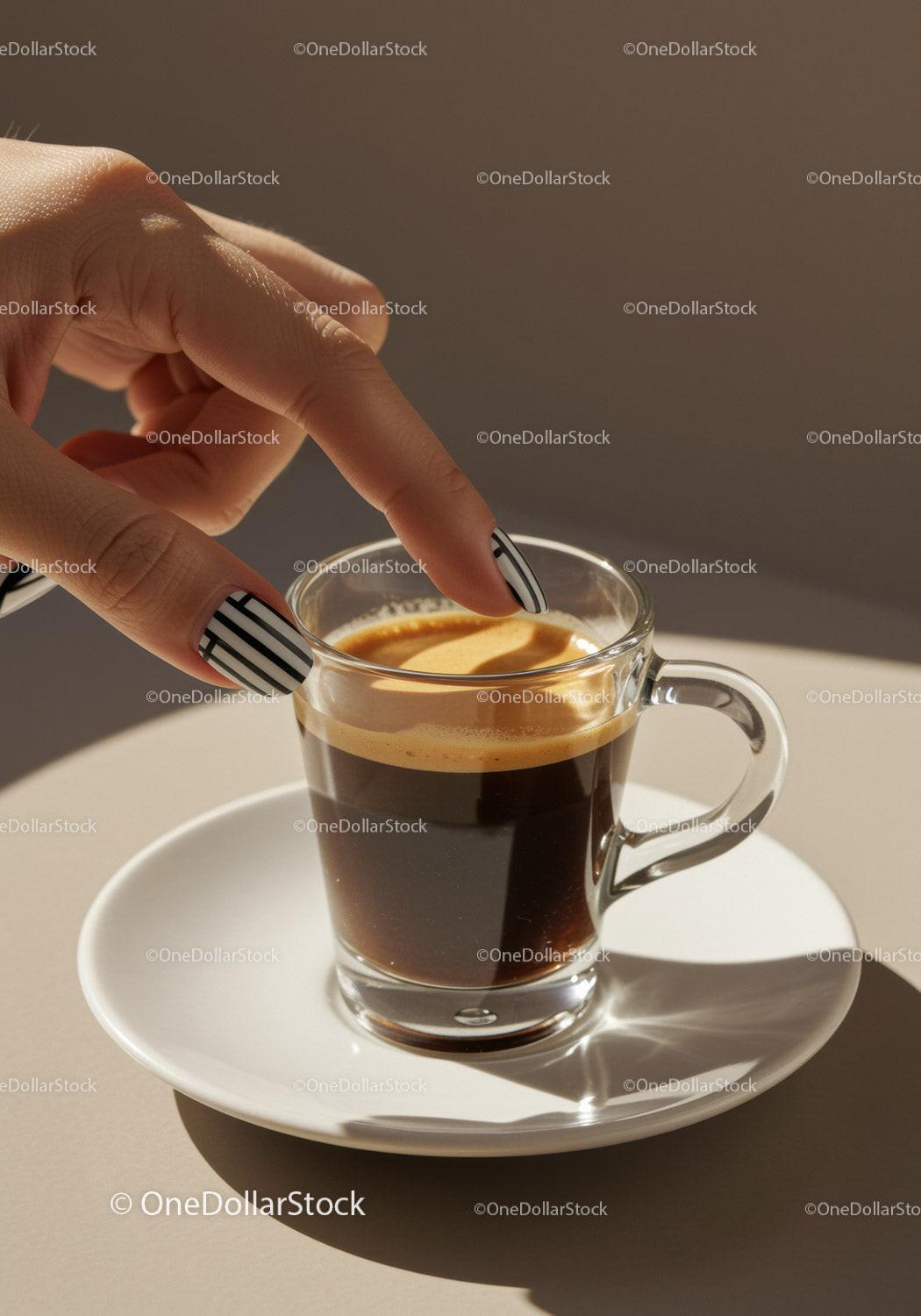 Hand with striped nails touching crema of espresso cup