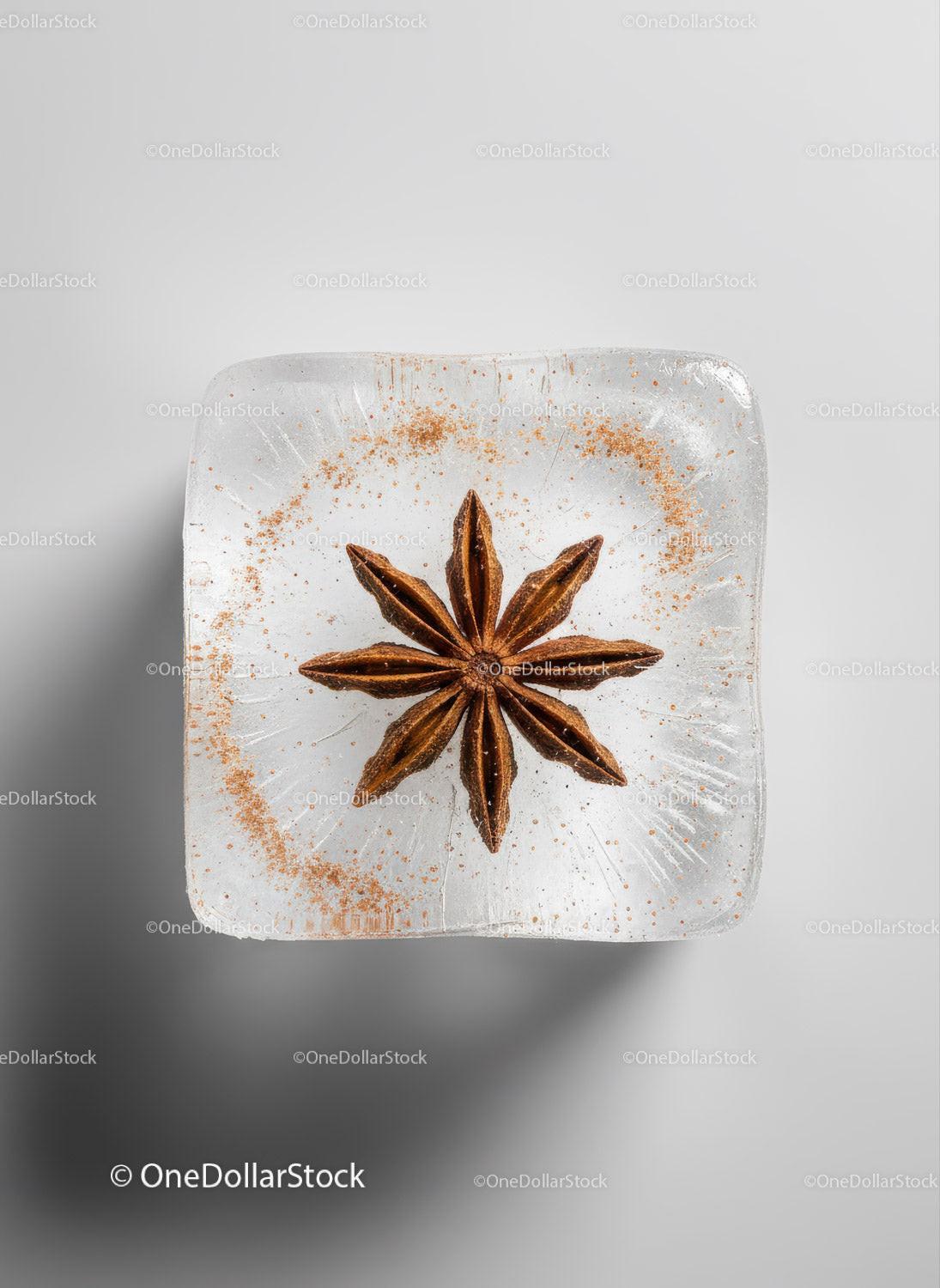 Star Anise on Clear Ice Cube with Cinnamon Powder