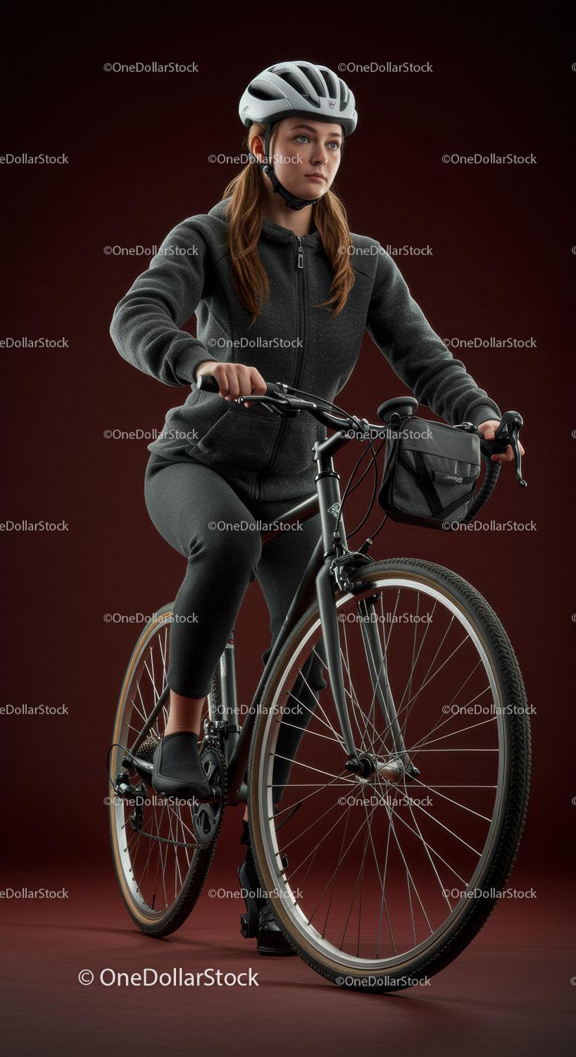 Young woman in helmet riding bicycle indoors