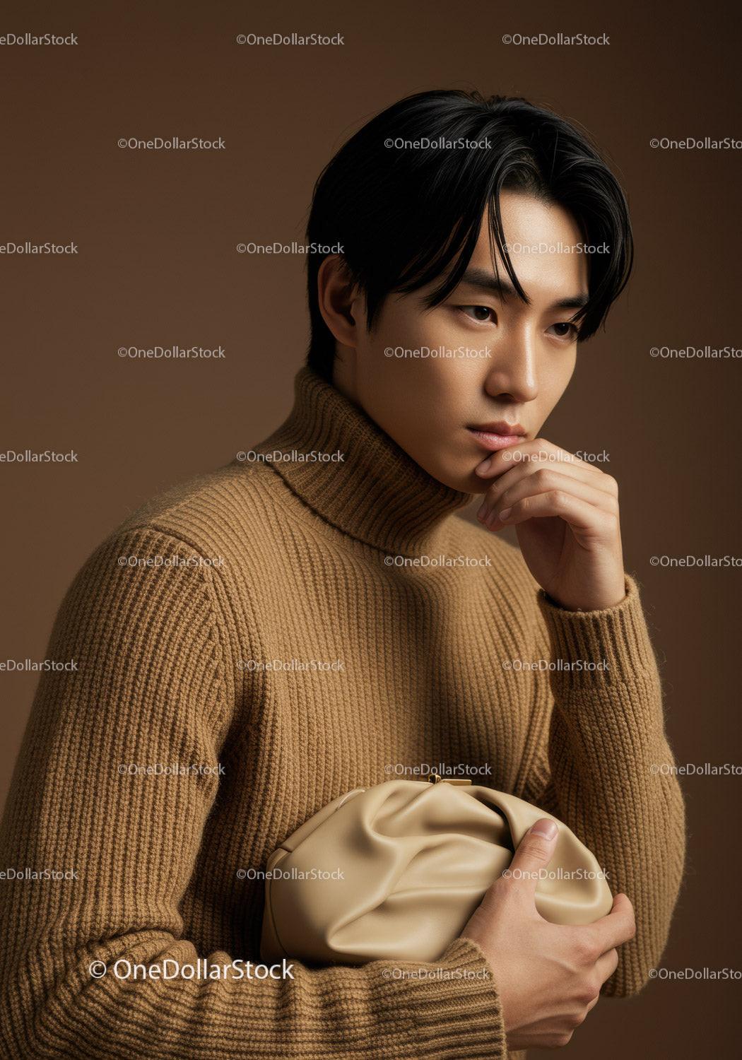 Contemplative Young Man in Tan Sweater with Stylish Fashion Portrait