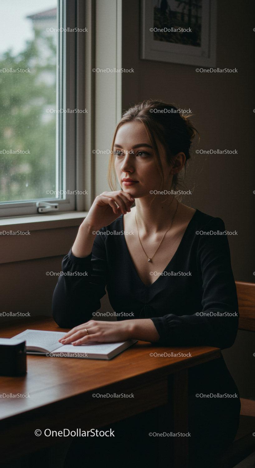 Young Woman with contemplative expression sitting by window in modern interior