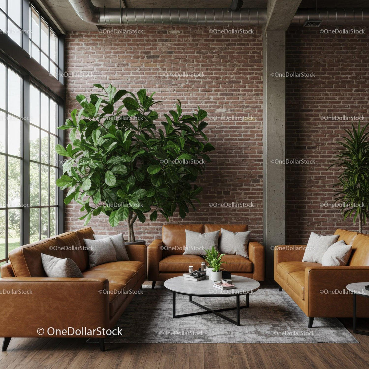 Stylish Modern Living Room with Leather Sofas and Indoor Plants