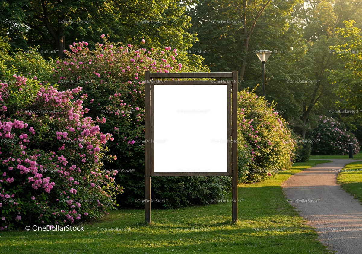 Blank Signboard in Blooming Garden Pathway JPG Mockup Image preview
