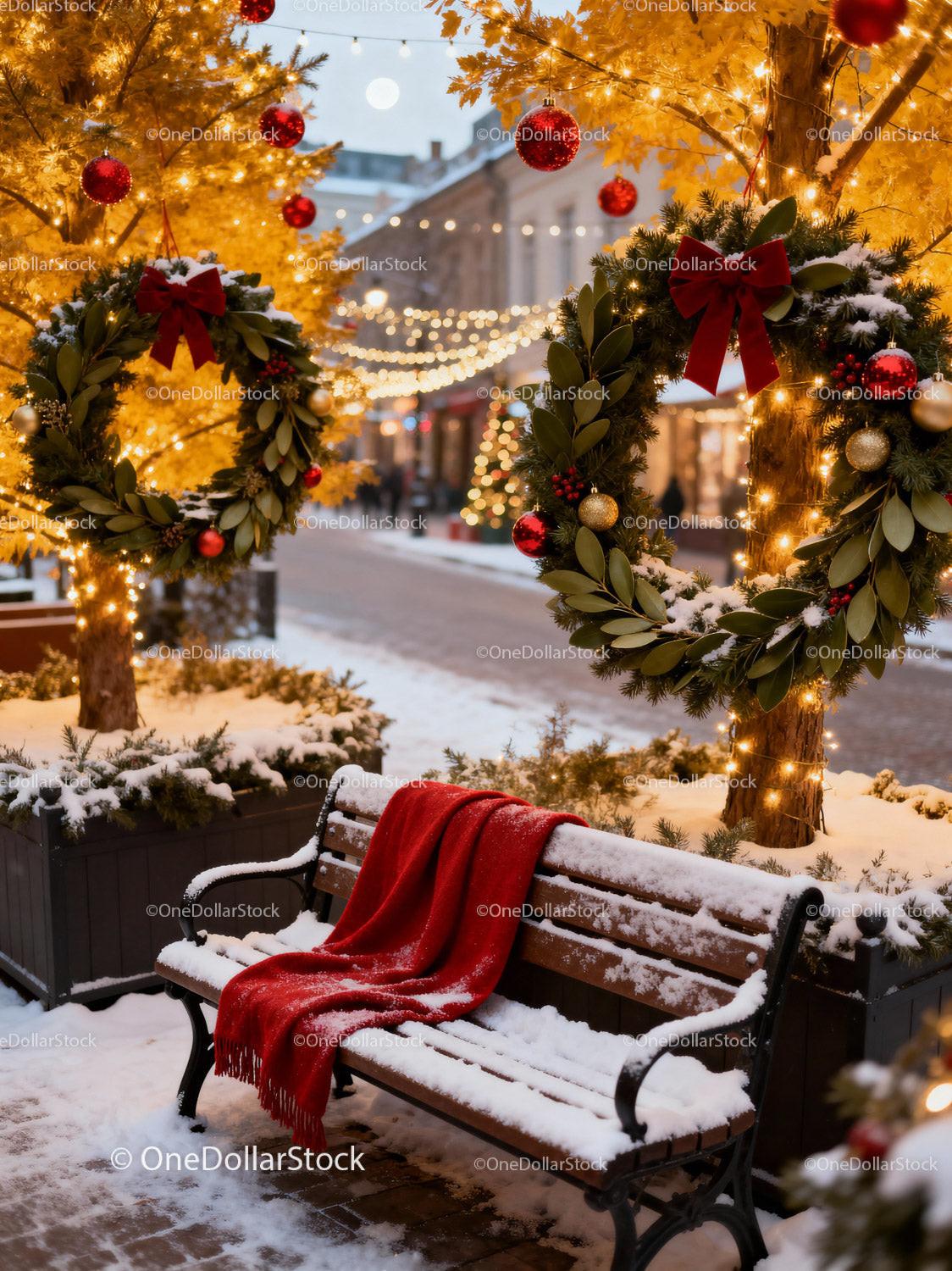 Snow-Covered Bench with Red Blanket and Holiday Wreaths
