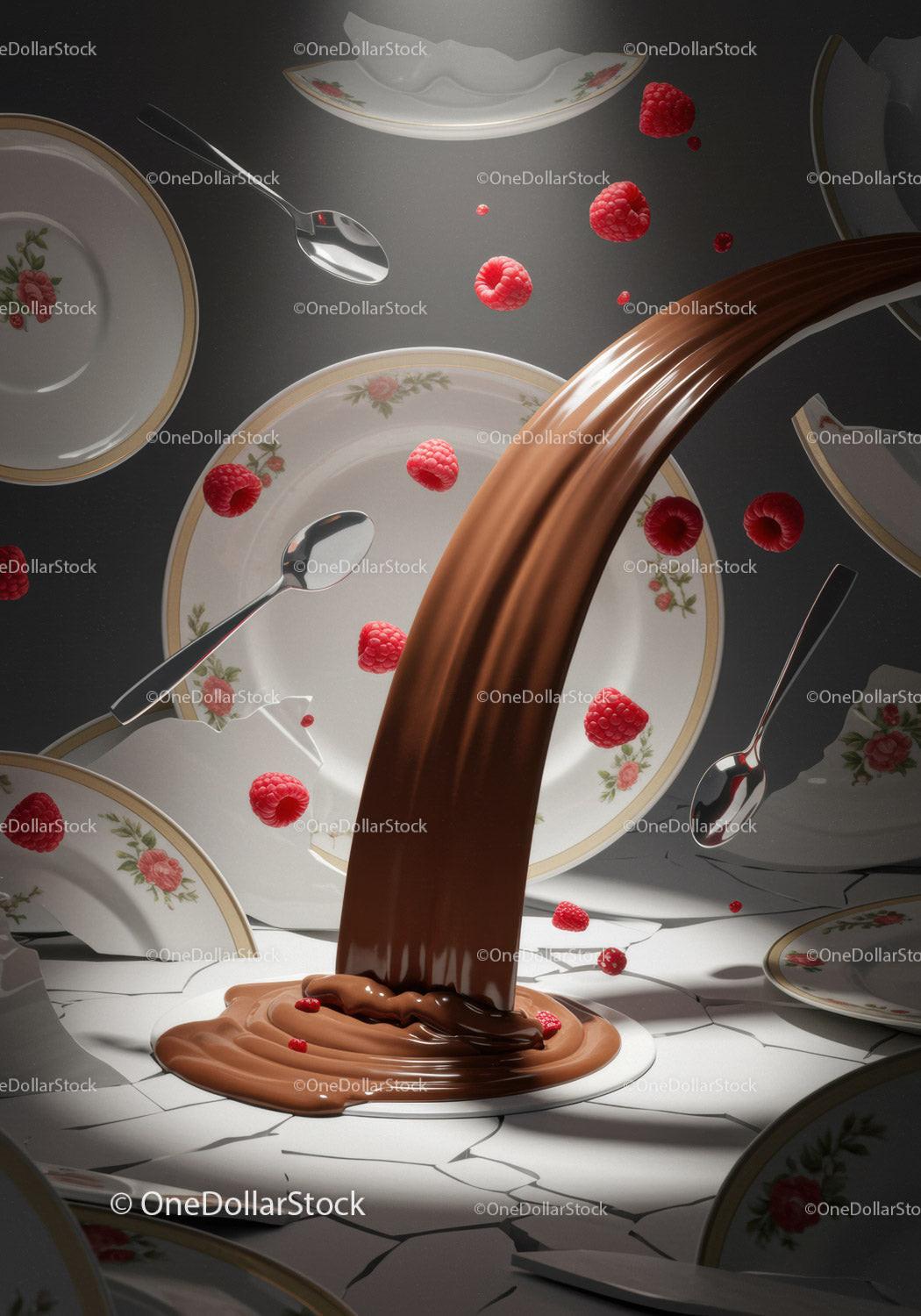 Flowing chocolate with raspberries and broken porcelain