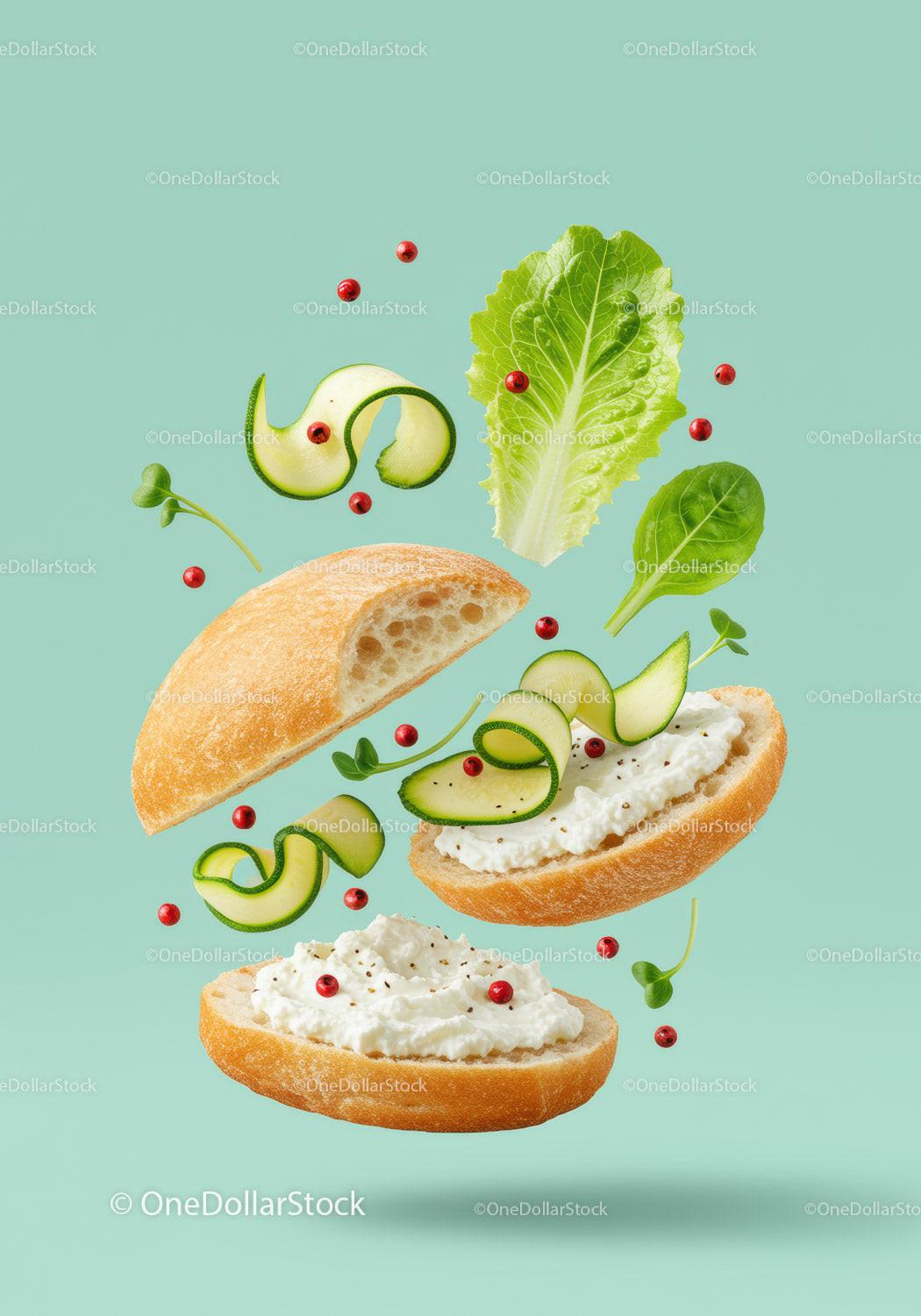 Fresh sandwich ingredients floating with creamy spread