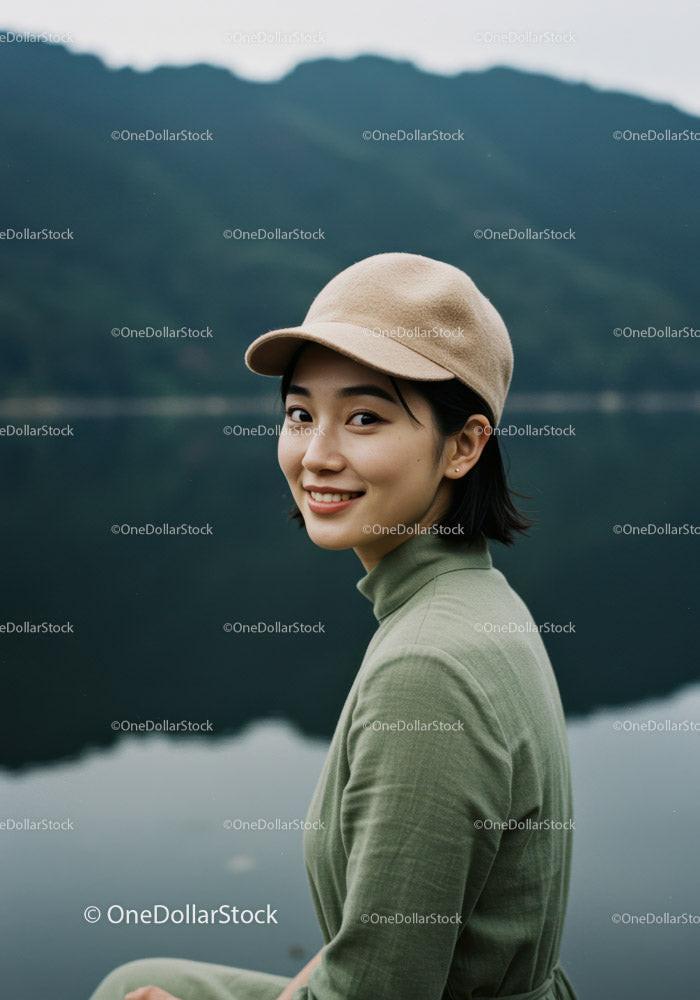 Serene Young Woman Sitting by Mountain Lake in Casual Outfit