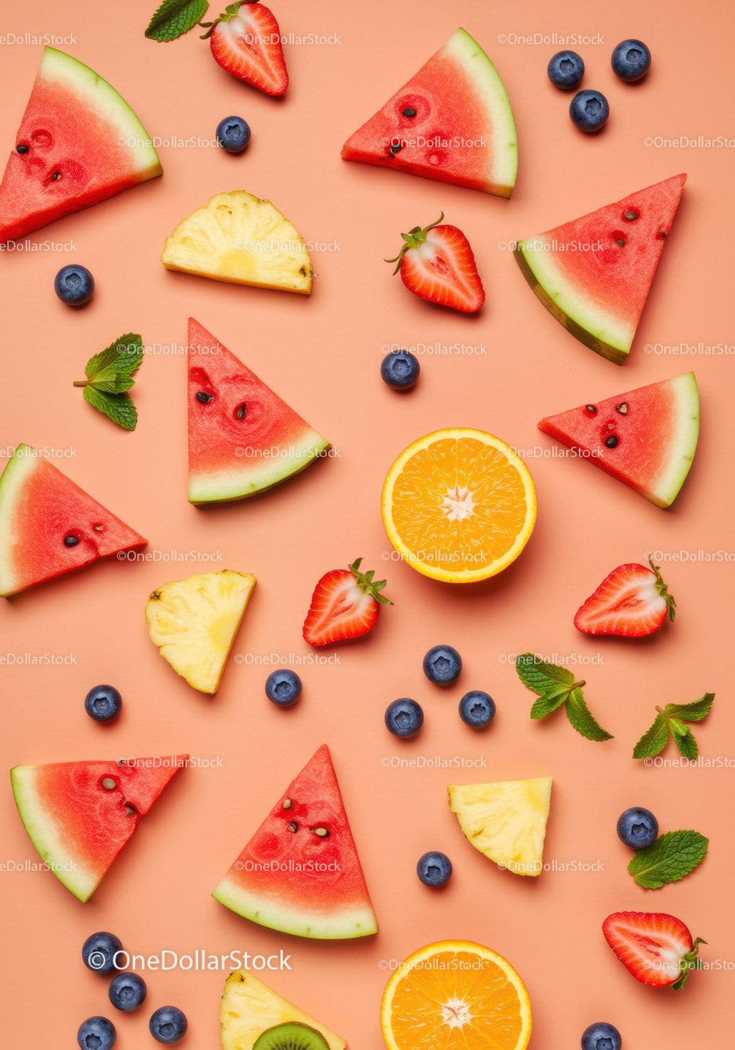 Fresh mixed fruit slices arranged on pastel background