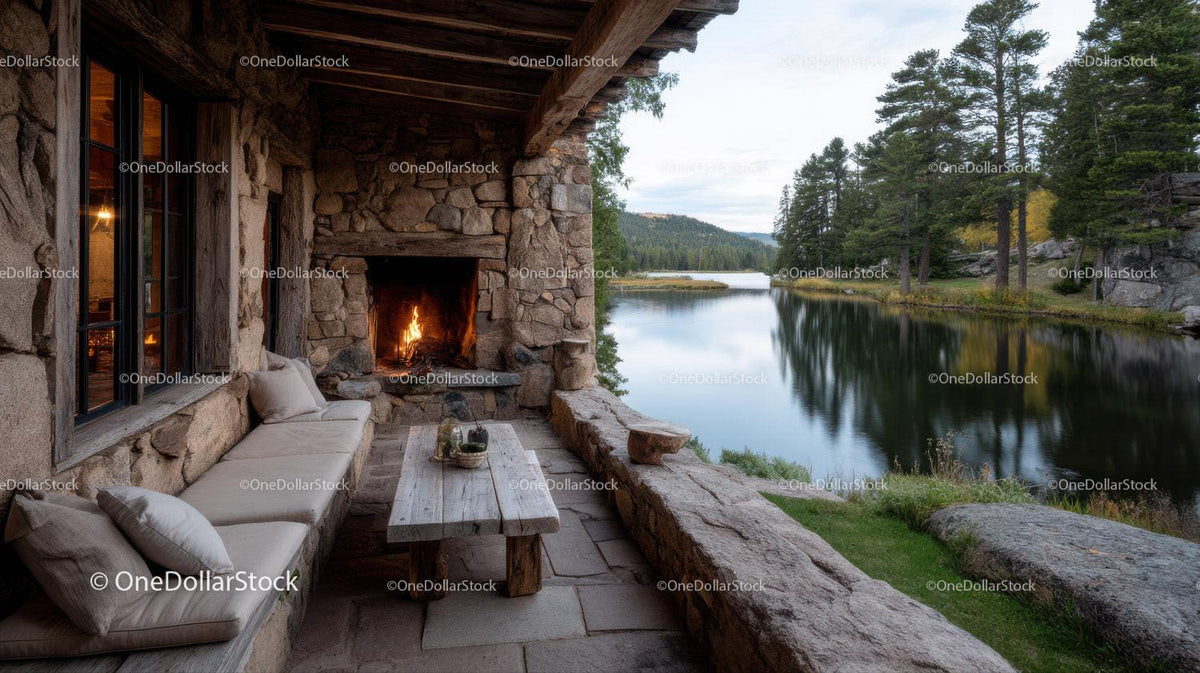 Cozy Riverside Cabin With Fireplace Overlooking Mountain Landscape Stock Photo Bundle preview 25