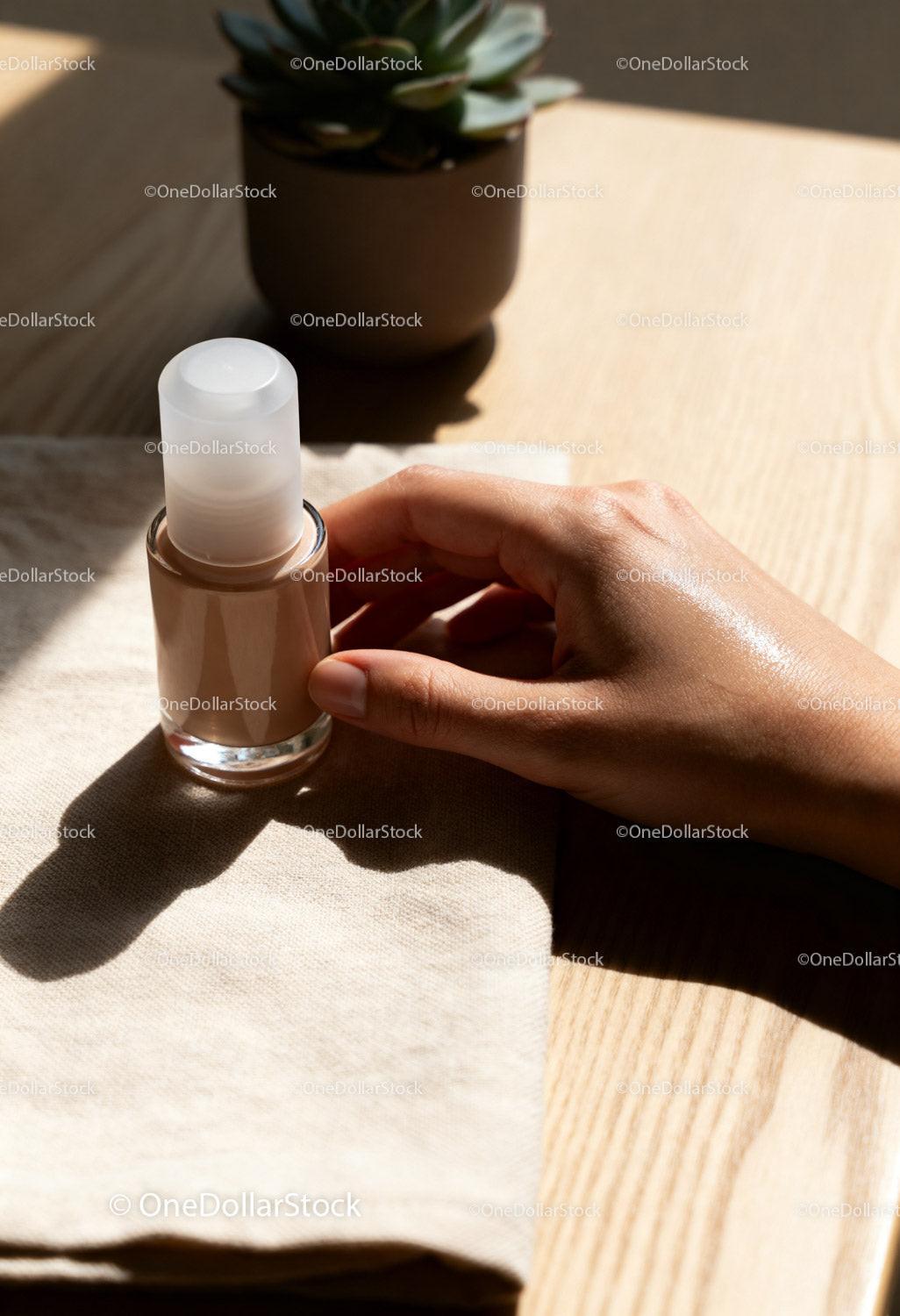 Close-up of a hand holding liquid foundation bottle