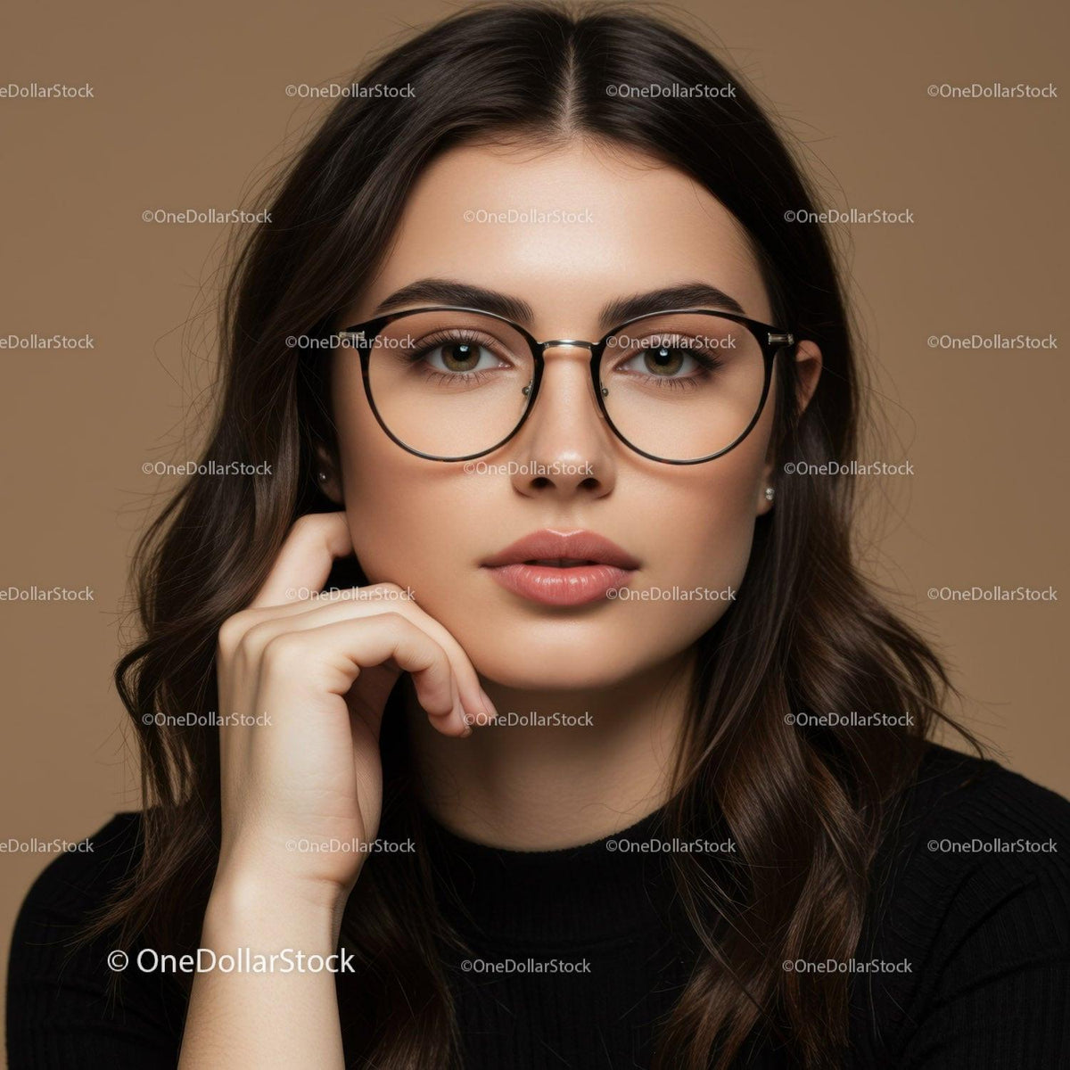 Elegant Woman Wearing Stylish Round Glasses in Fashionable Studio Portrait