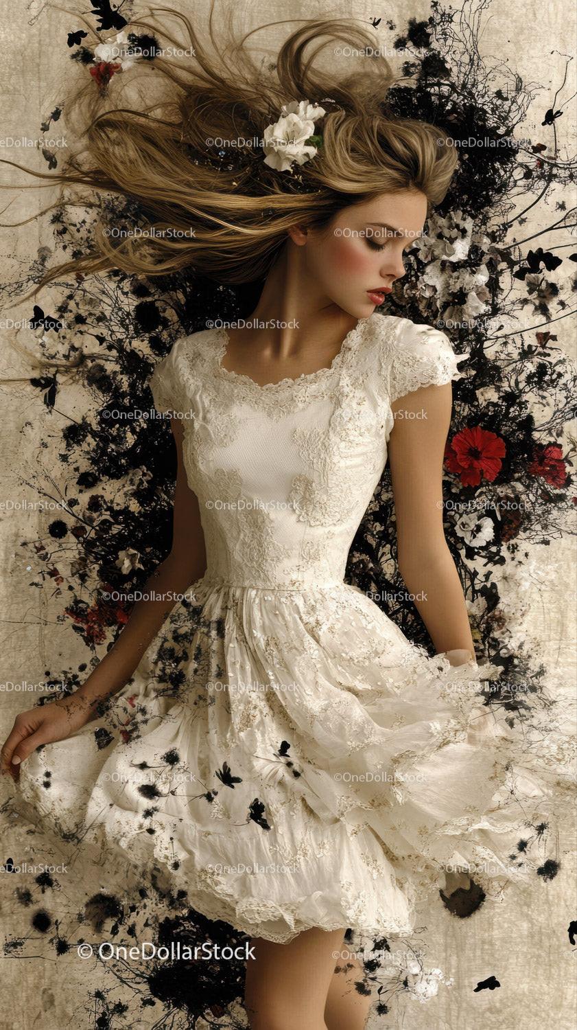Young woman in white lace dress with long flowing hair against floral backdrop
