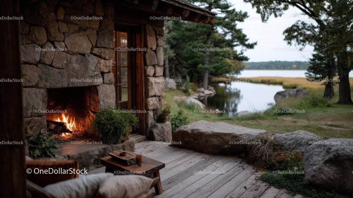 Rustic Stone Fireplace on Outdoor Deck with Lake View and Forest