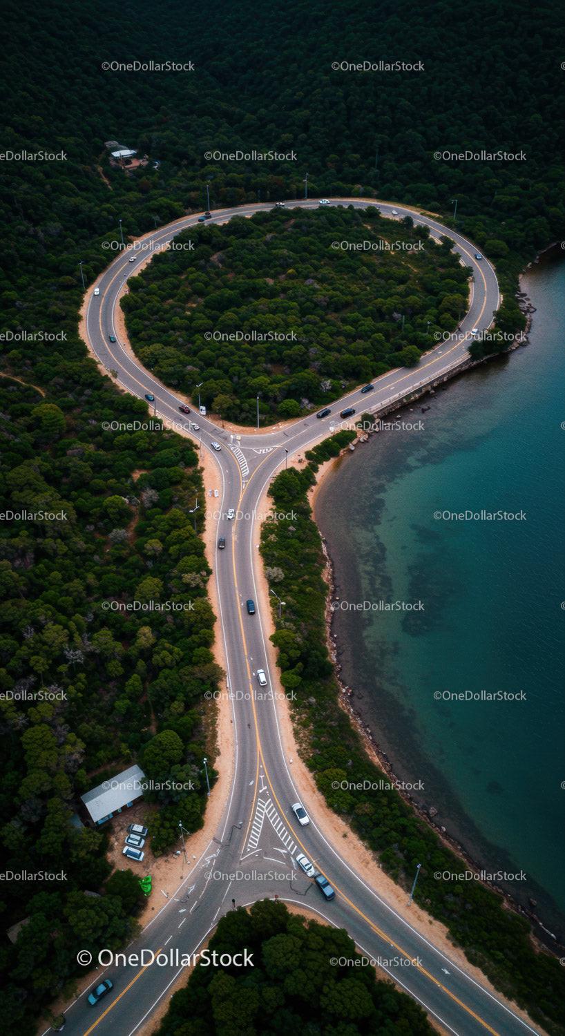 Winding Coastal Road Surrounded by Dense Forest and Ocean Shoreline