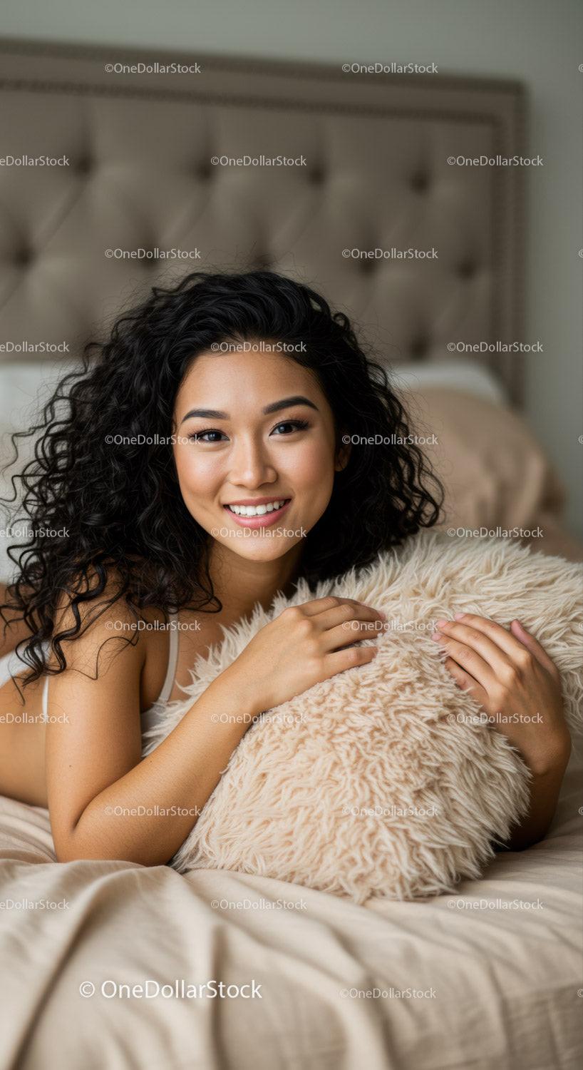 Smiling woman relaxing with fluffy pillow in cozy bedroom