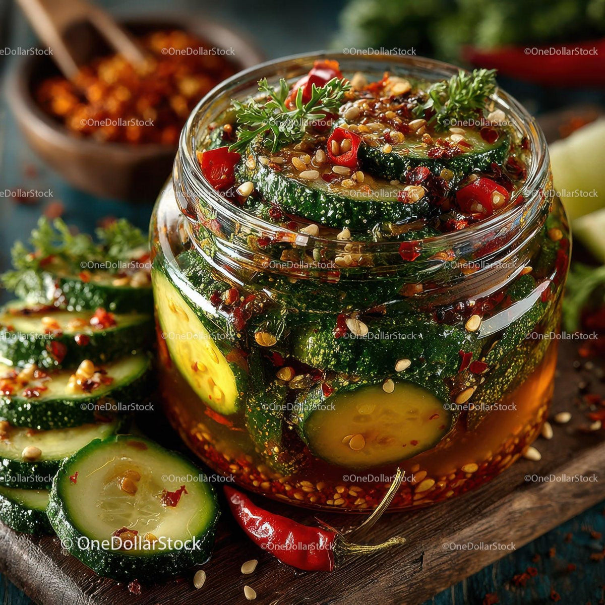 Vibrant Spicy Cucumber Kimchi in Glass Jar with Fresh Vegetables Stock Photo Bundle preview 27