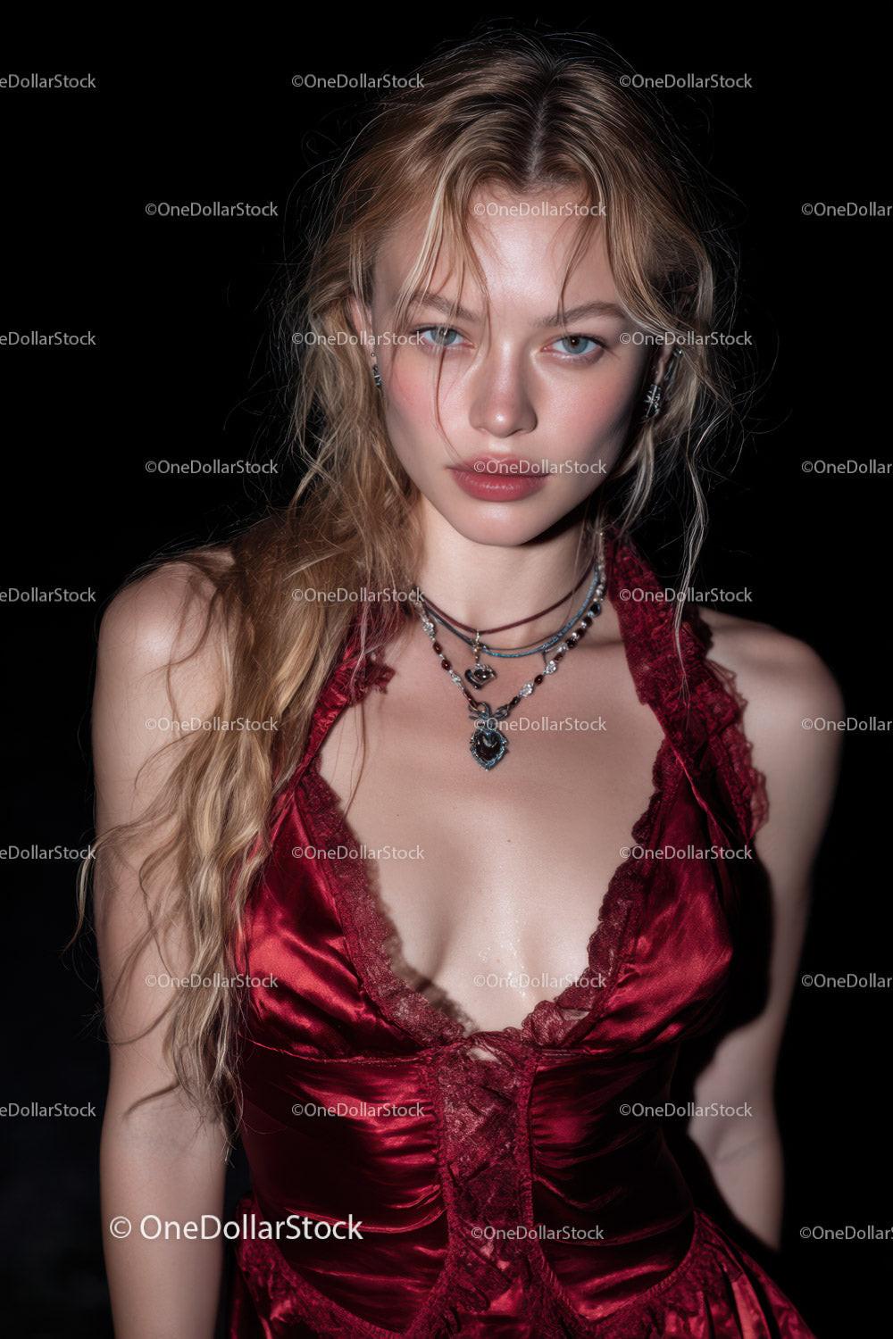 Elegant Young Woman in Red Velvet Dress with Jewelry