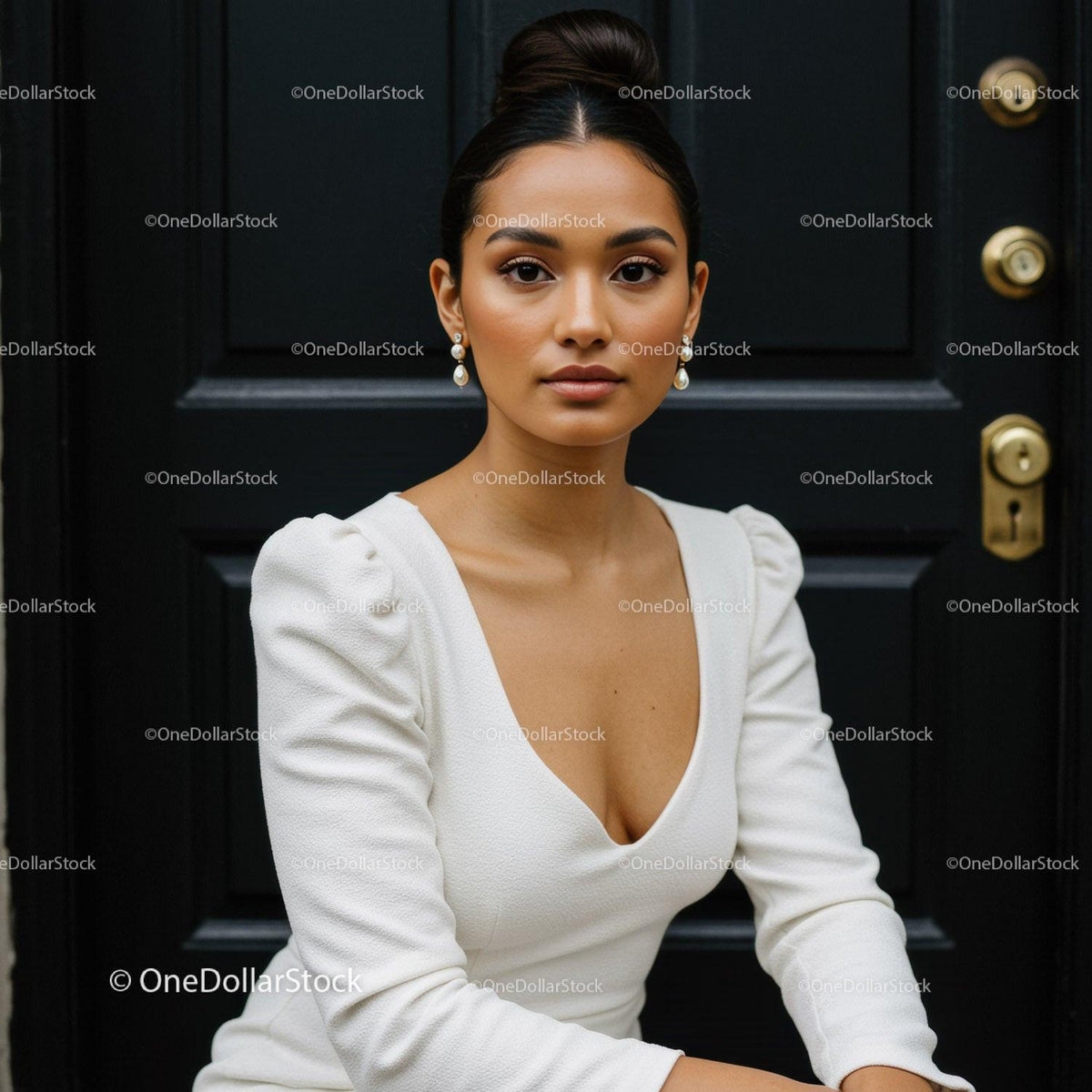 Elegant woman in white dress against black door background