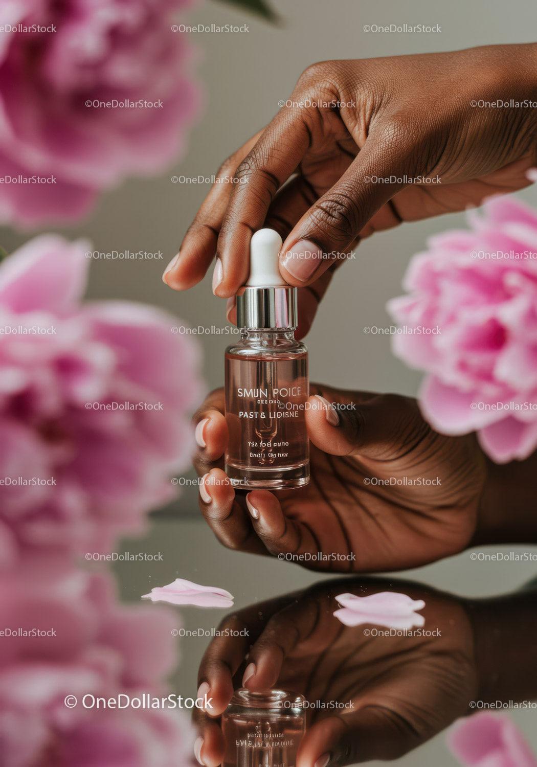 Elegant Oil Dropper Bottle in Hand with Pink Flowers for Skincare JPG Mockup Image preview