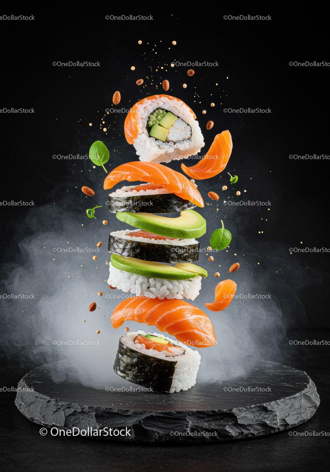 Creative Floating Sushi Composition with Fresh Ingredients