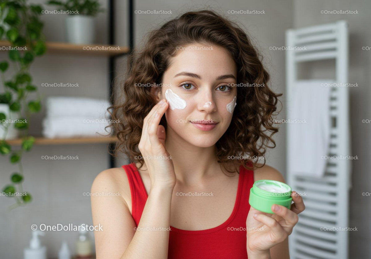 Young Woman Applying Face Cream in Bathroom with Skincare Products