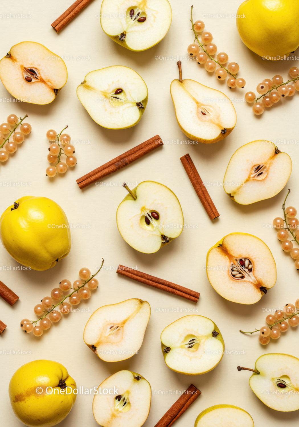 Fresh quince fruit and cinnamon sticks with white currants
