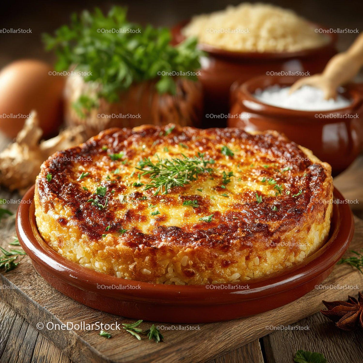 Seafood Shrimp Quiche with Fresh Herbs on Rustic Wooden Table Stock Photo Bundle preview 6