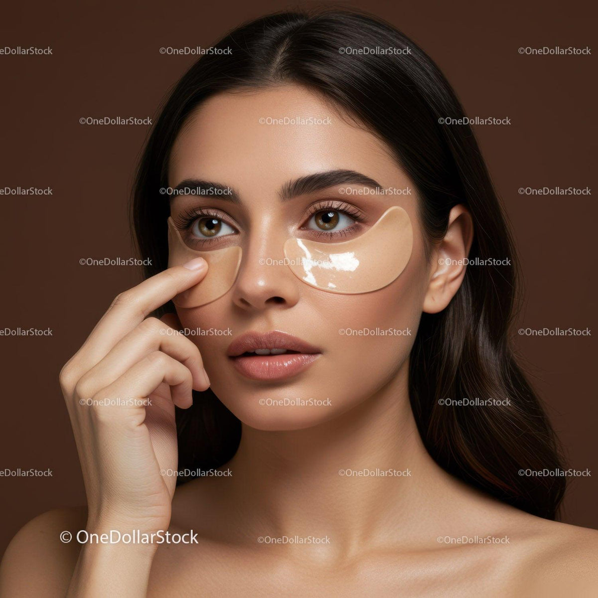 Young Woman in Facial Eye Patches Beautifying Skin with Skincare Products