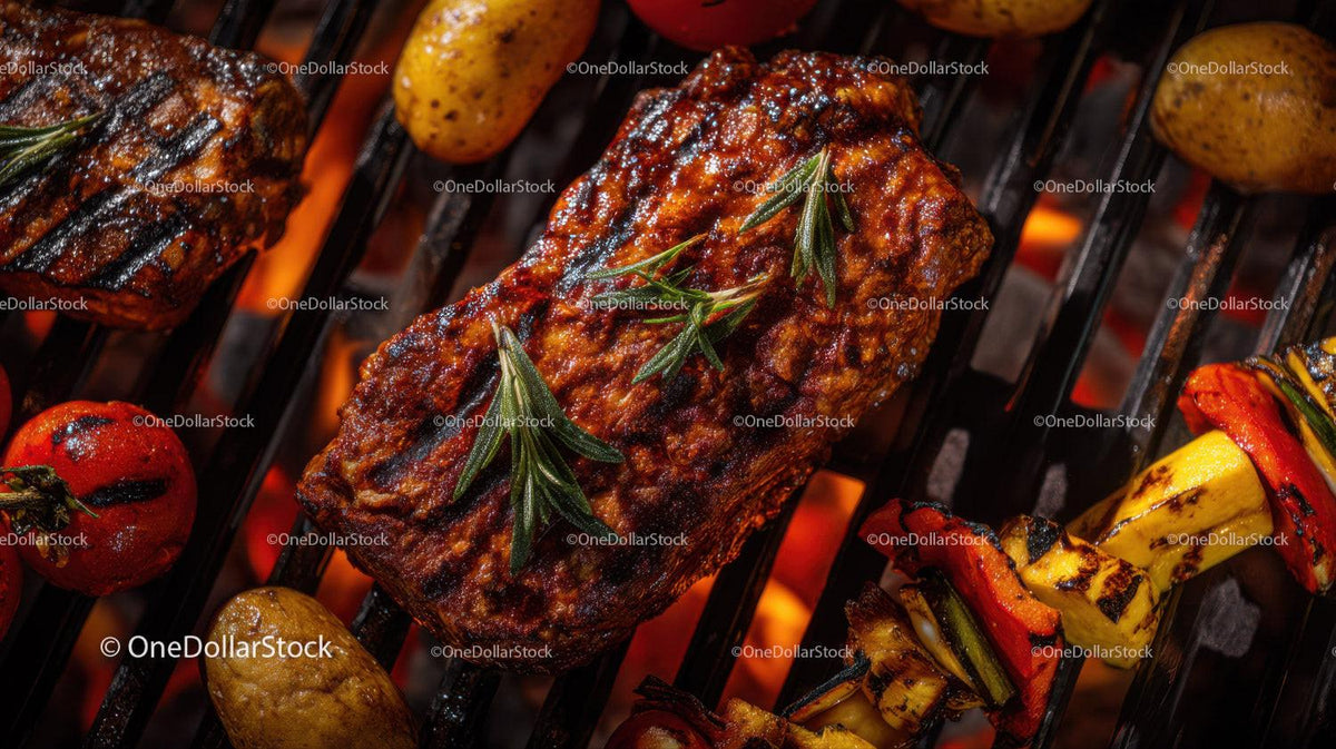 Grilled BBQ Ribs with Fresh Herbs and Vegetables on Flame Grill
