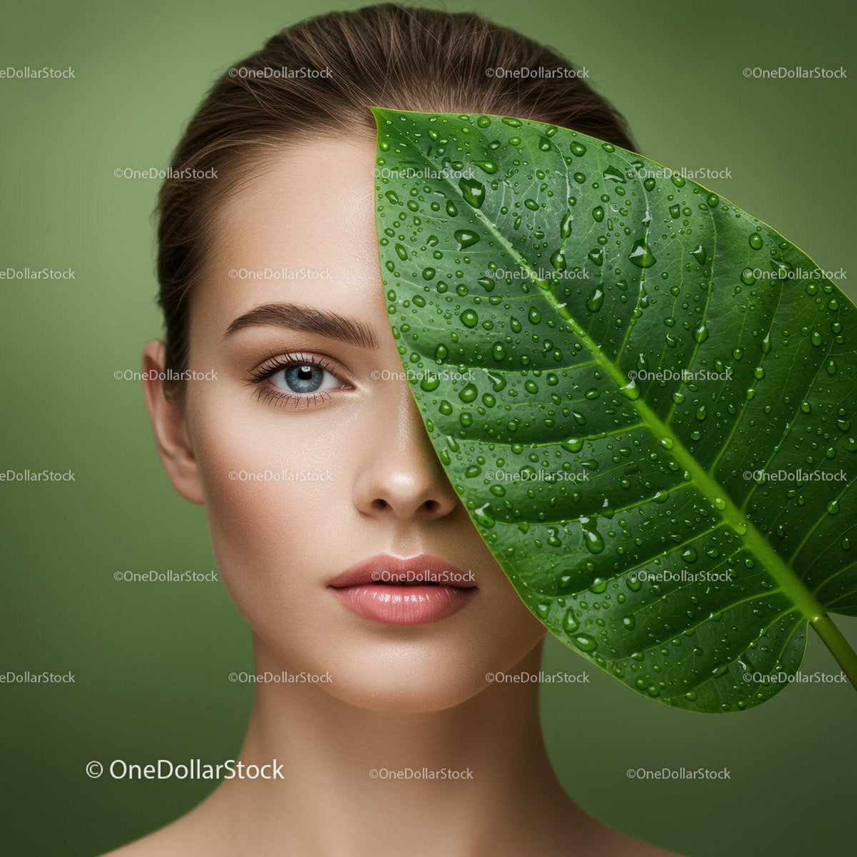 Portrait of a Woman with a Green Leaf Covering One Eye and Water Droplets