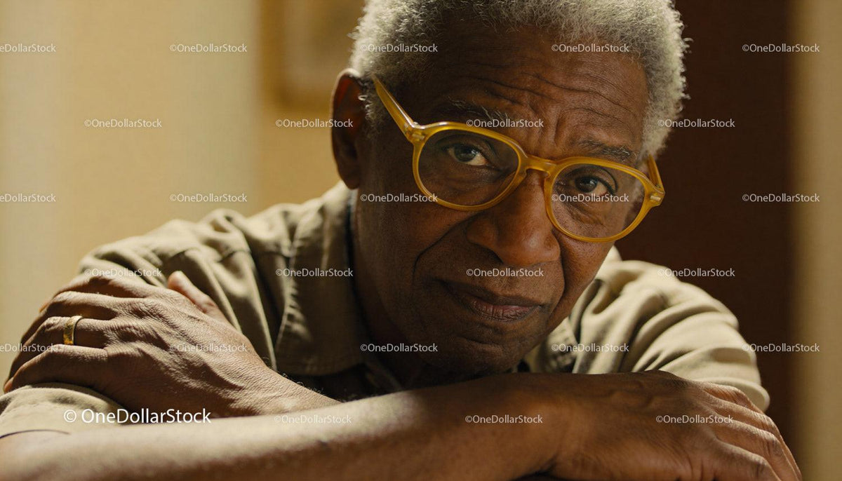 Reflective elderly man with yellow glasses in soft light
