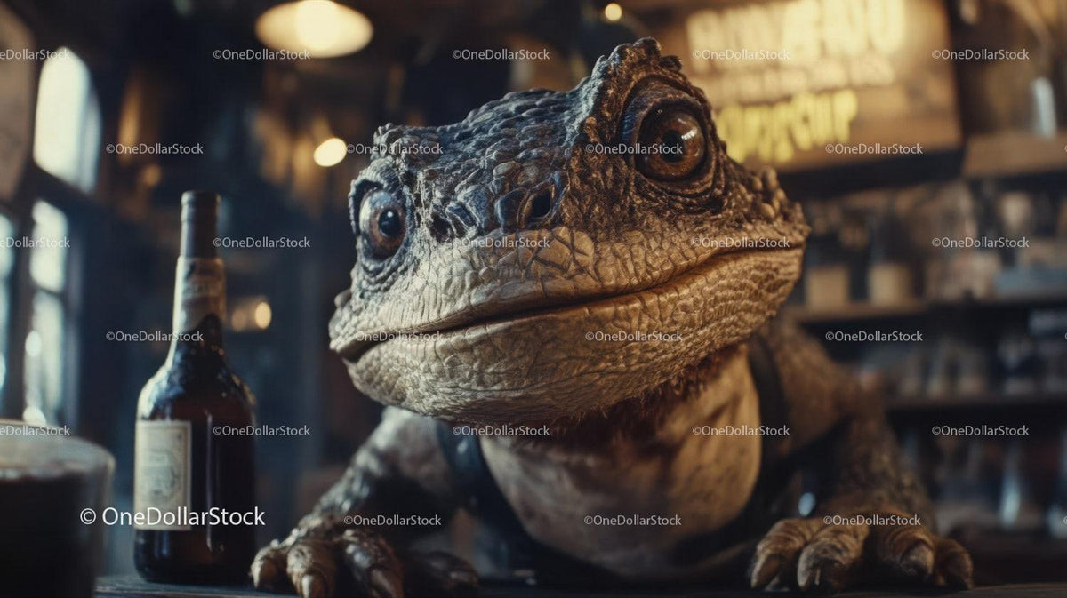 Close-up of a large textured lizard behind a wooden bar with bottle and tavern background