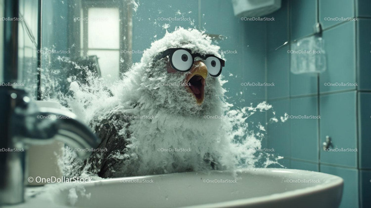 Fluffy owl plush wearing glasses splashing water in teal bathroom sink