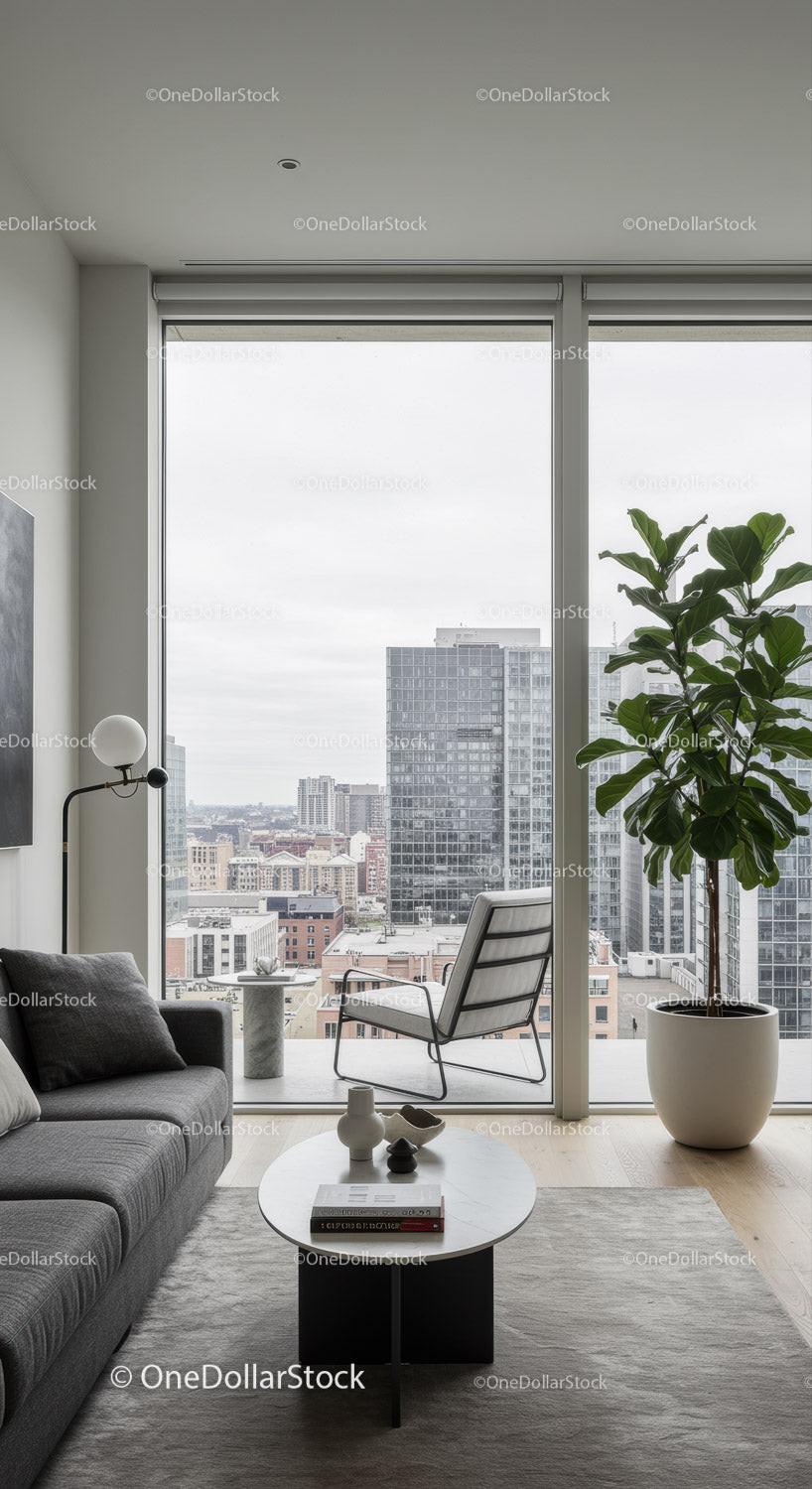 Bright Modern Living Room with City View and Green Plant