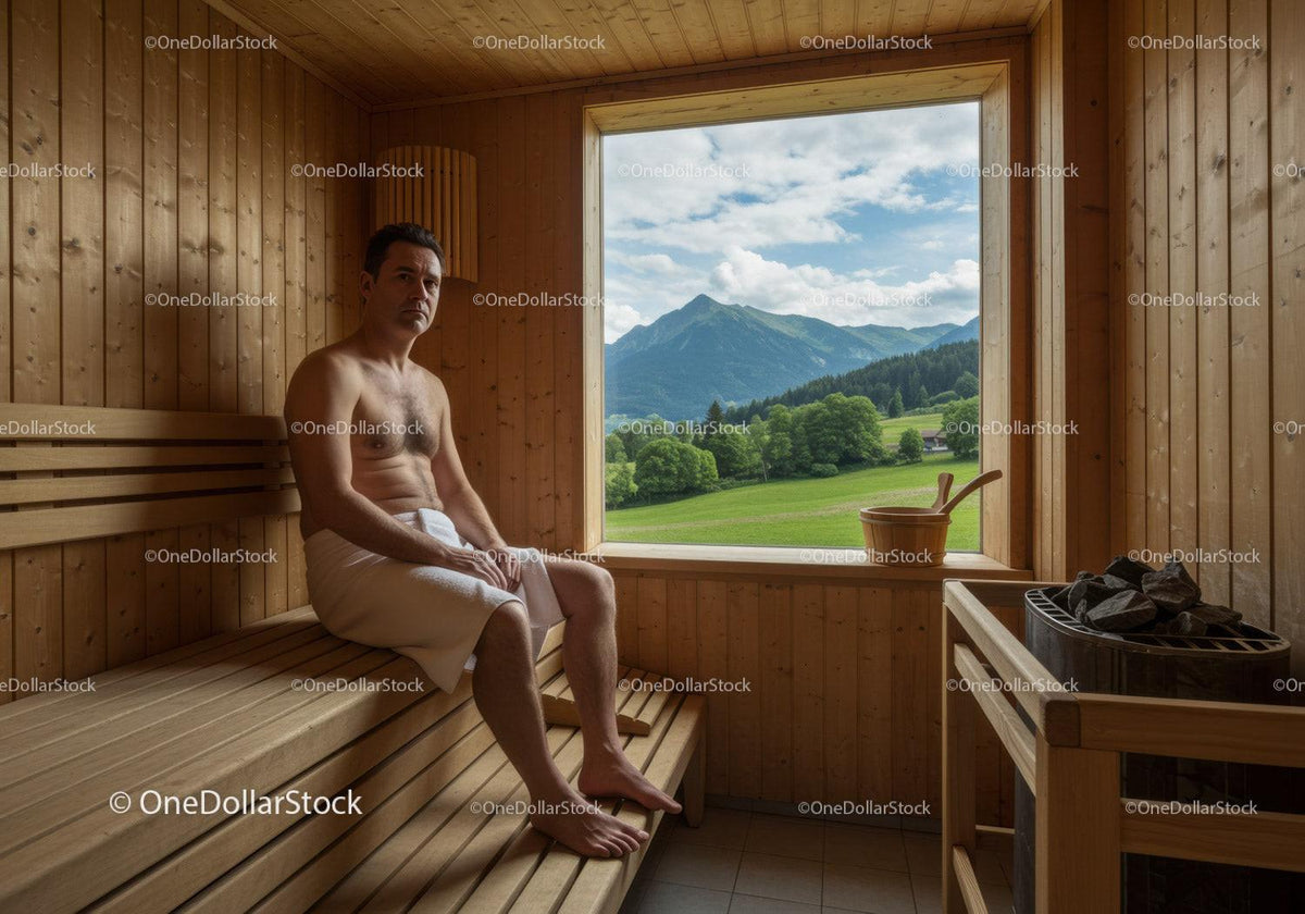 Man Relaxing in Wooden Sauna With Mountain View and Scenic Landscape