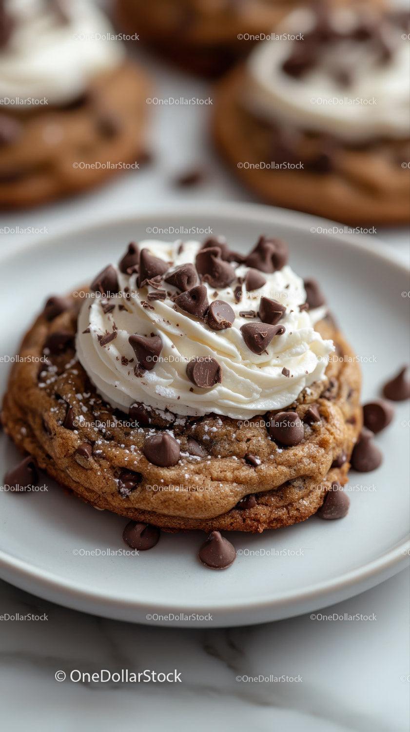 Chocolate Chip Cookie with Whipped Cream and Chocolate Topping Stock Photo Bundle preview 12