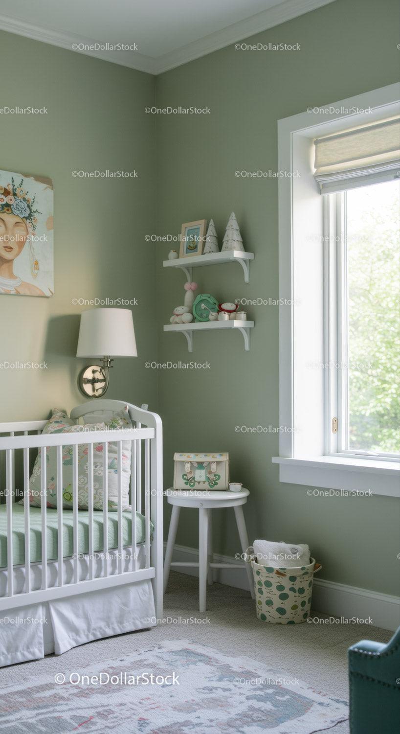 Bright Green Nursery with Baby Crib and Shelves for Child's Room