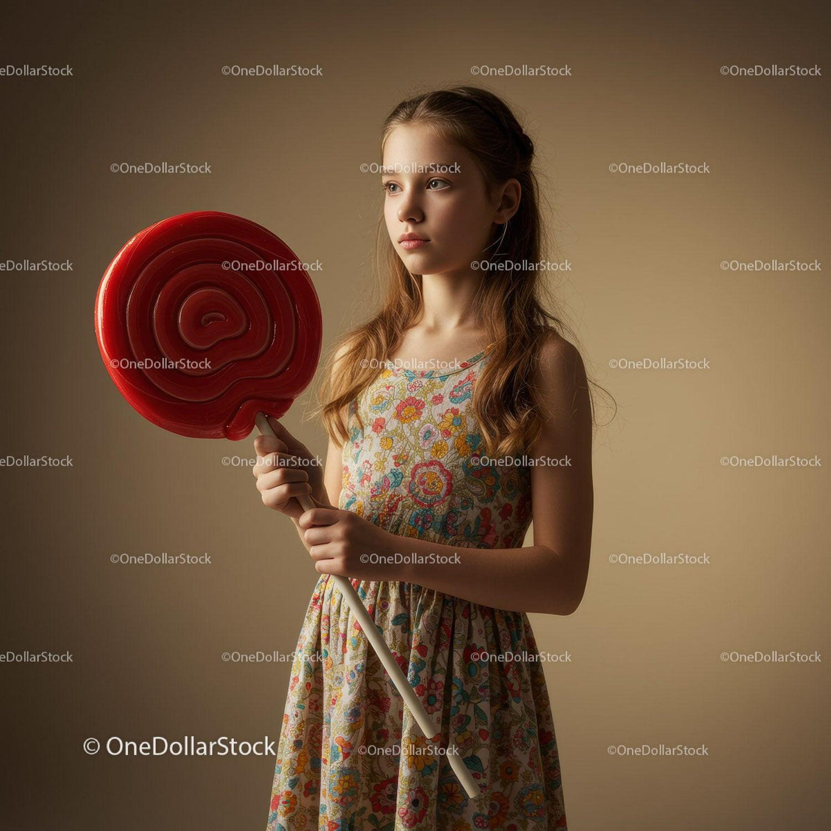 Young girl holding a giant red lollipop in floral dress