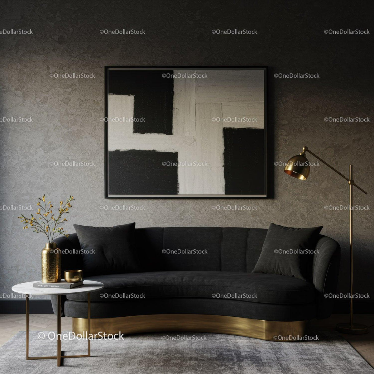 Modern living room with black sofa and abstract art