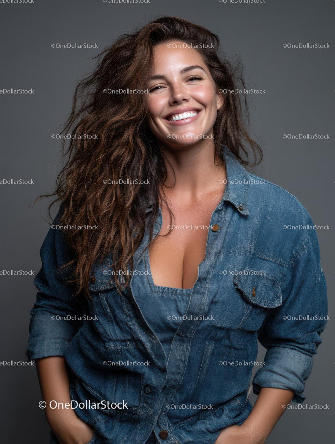 Confident Woman with Flowing Hair Wearing Casual Denim Outfit
