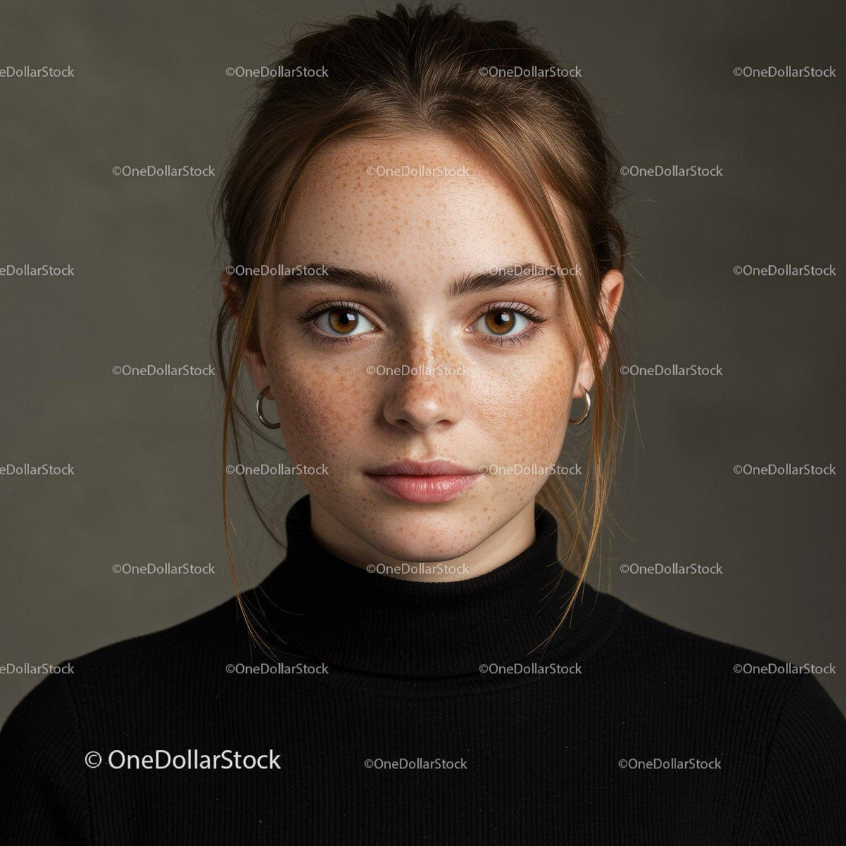 Young Woman with Freckles and Brown Eyes in Black Turtleneck