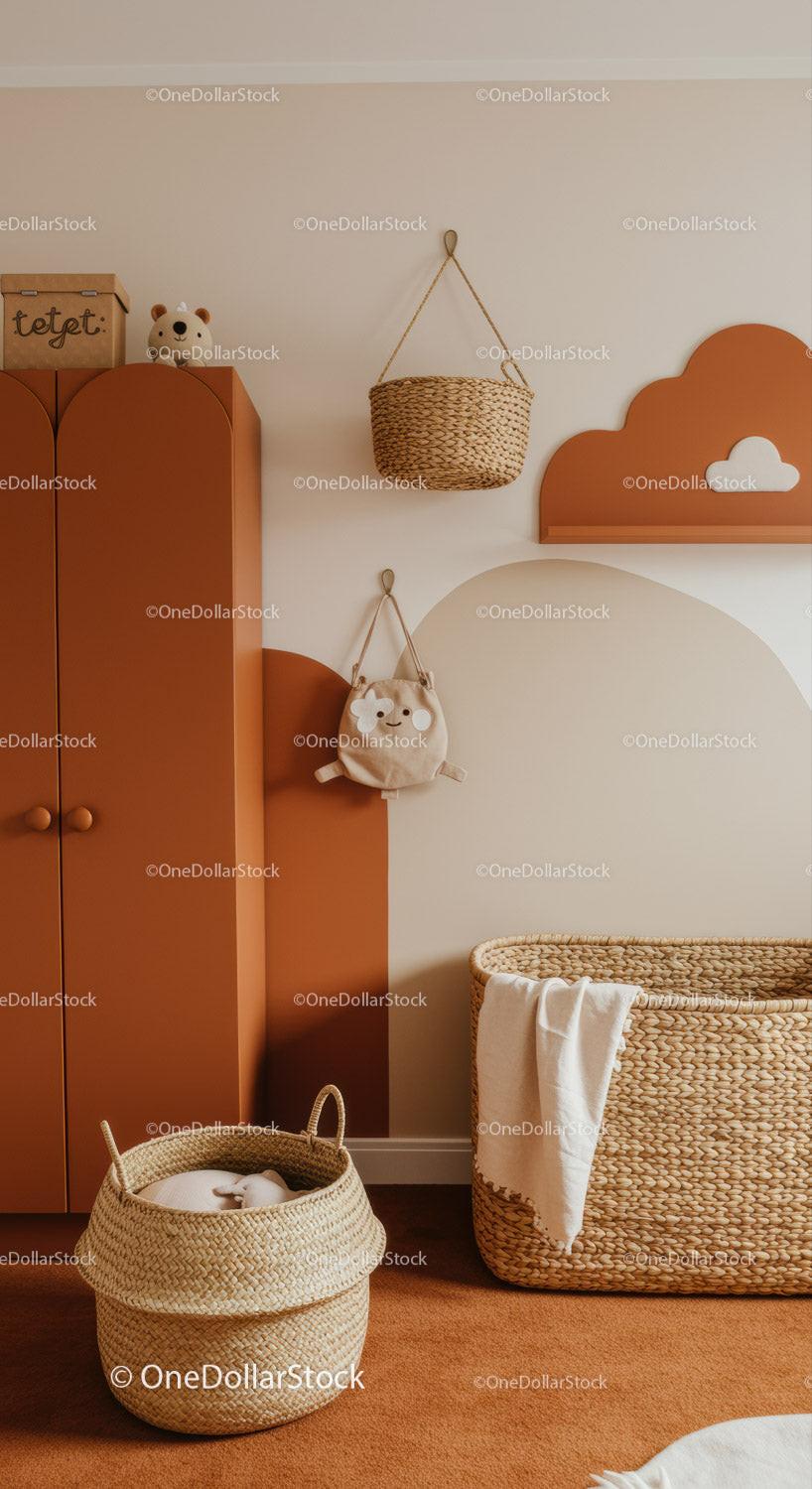 Kids Nursery with Woven Baskets and Cloud Decor in Warm Tones
