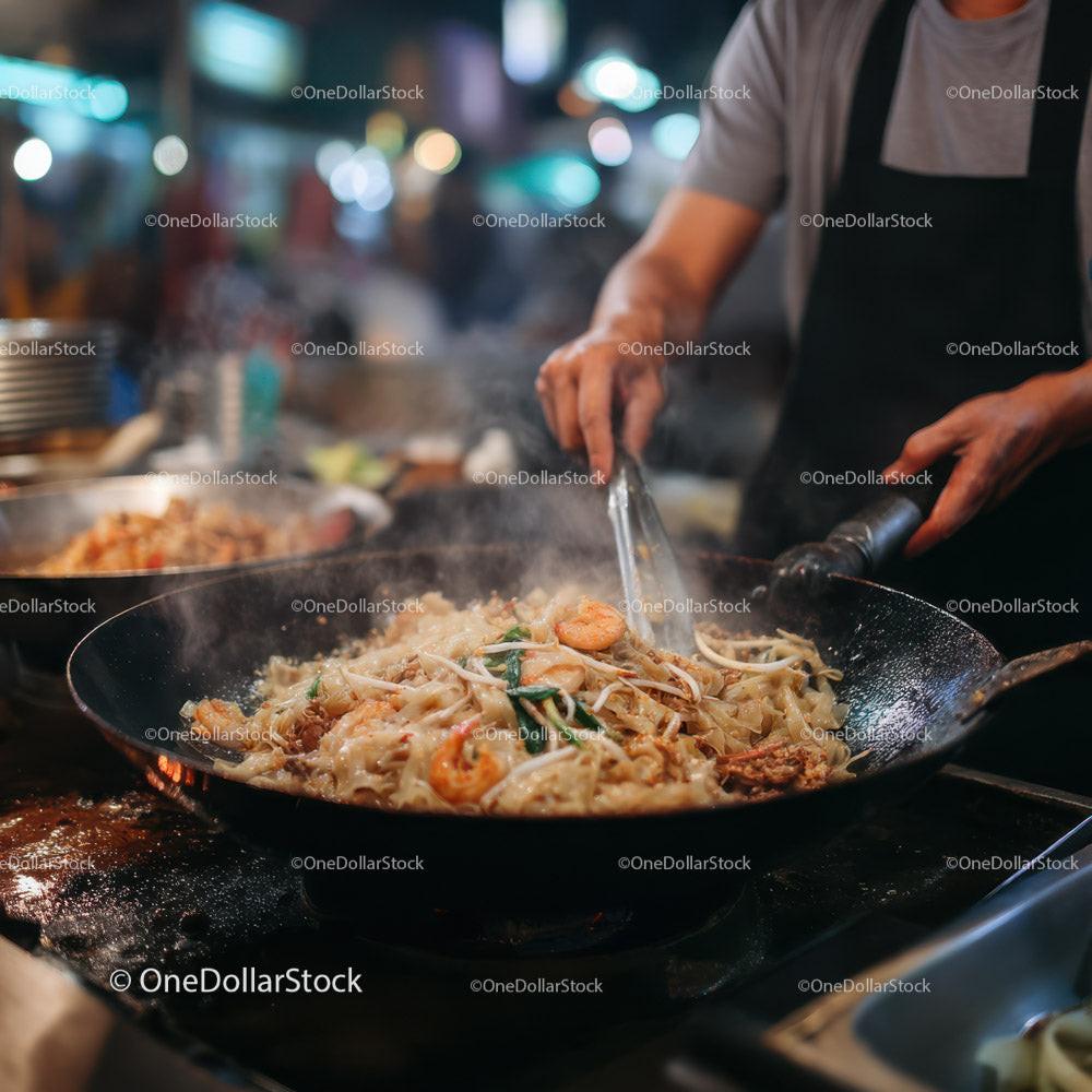 Stir-Frying Seafood and Noodles in a Street Food Market at Night