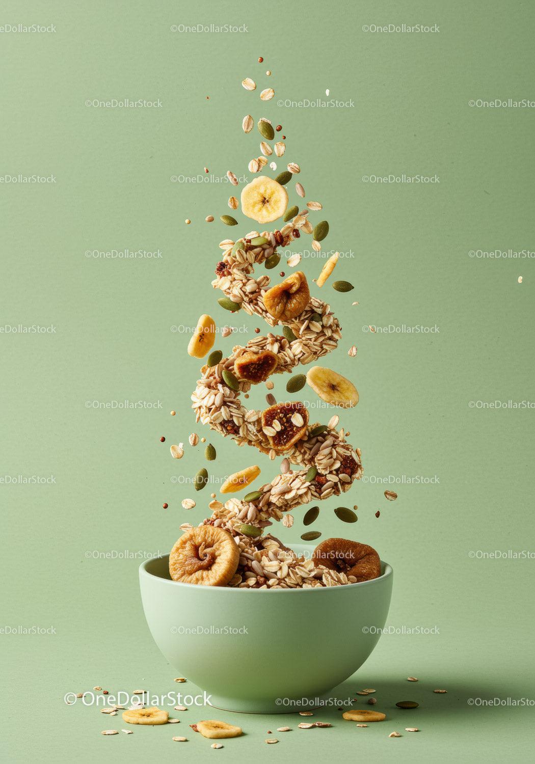 Floating spiral of granola and dried fruits in bowl