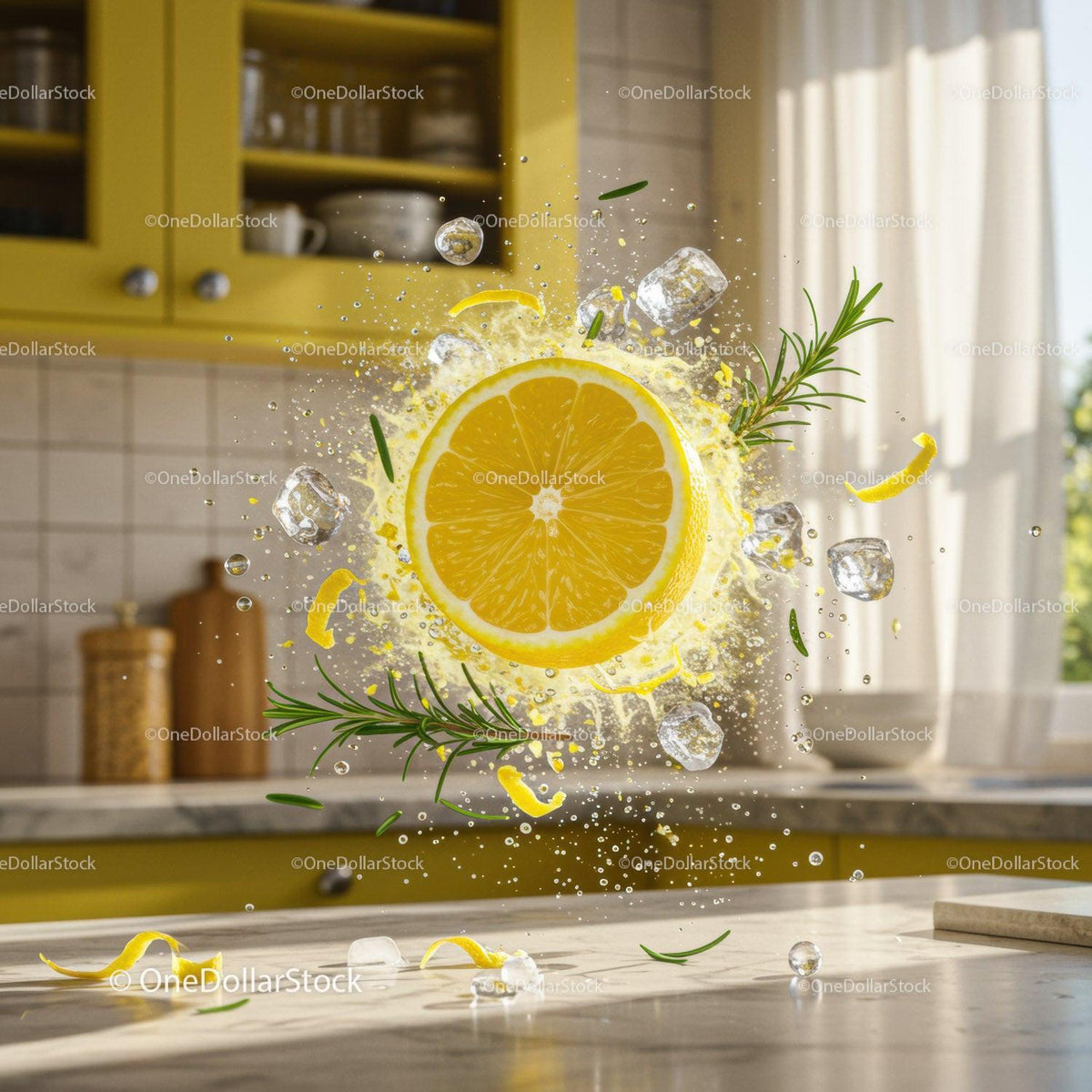 Fresh lemon slice with ice and rosemary in bright kitchen