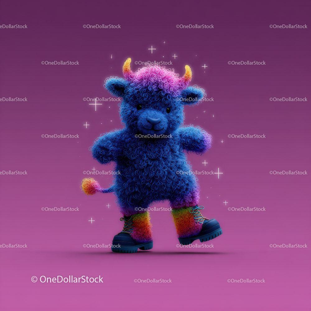 Curly blue bull character with orange horns and rainbow boots on purple background with sparkles