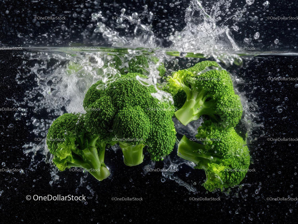 Fresh Green Broccoli Heads Splashing Water in High-Resolution